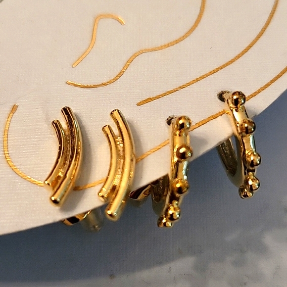 NEW Gold-Plated Earrings 2 Pairs! Studded Huggie Hoops & Curved Double Bar Studs - Picture 4 of 12